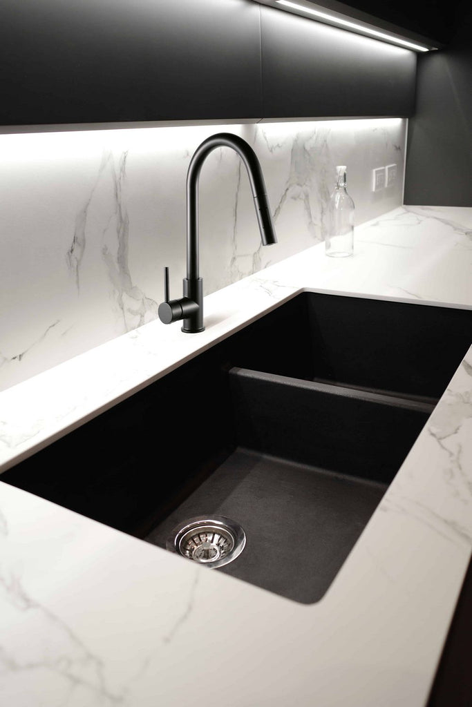Contemporary Charm: MONROE-BK Matte Black Faucet for Traditional and Modern Kitchens.