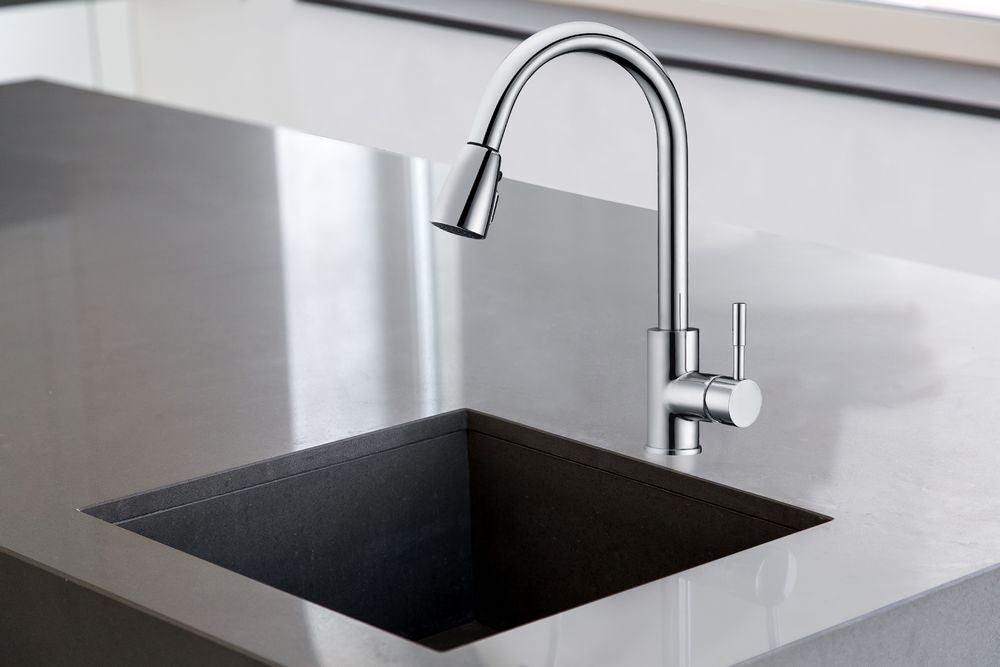 Enhance Your Kitchen with Chrome Brilliance Pull Out Faucet: Dual spray, stylish chrome finish.