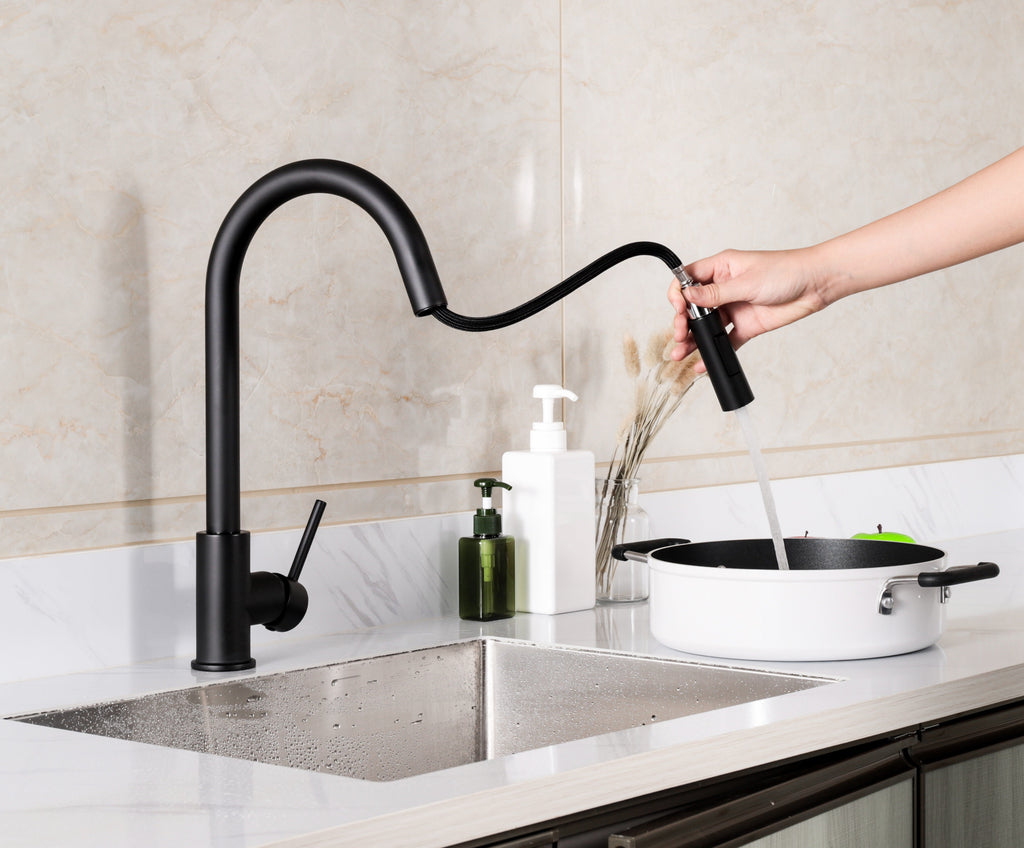 Enhance Your Kitchen: MONROE-BK Matte Black Faucet with Timeless Design and Versatile Features.