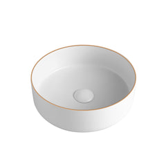 14’’X14’’ round matte white and brushed brass (gold) porcelain vessel sink