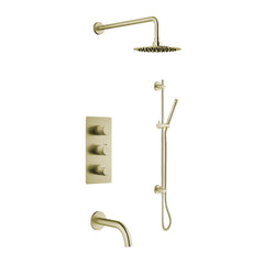 Brushed Brass (Gold) Thermostatic Shower / Tub Set Including Shower Head, Handshower On Rail, Valve And Spout